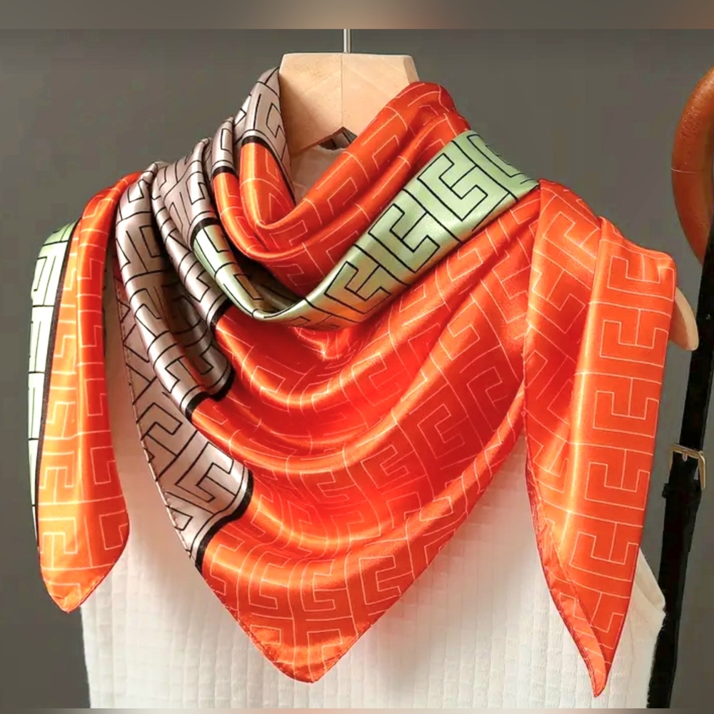 Orange and Green Geometric Silk Scarf